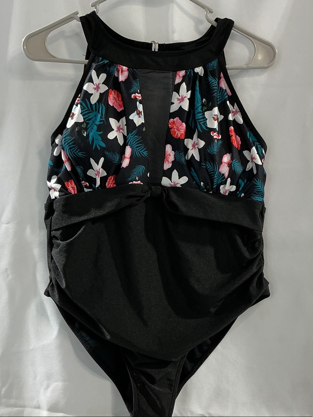 SHEIN Black Floral High-Neck Tie-Waist One-Piece Swimsuit